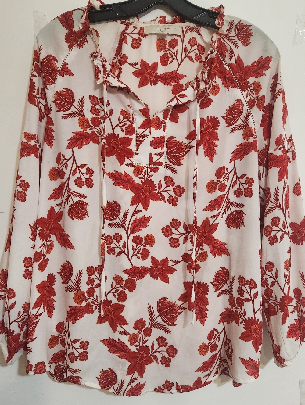 LOFT Blouse TOP Ruffled Collar Pull On DRESSY  Red White FLORAL SEMI SHEER SHIRT - Picture 7 of 10